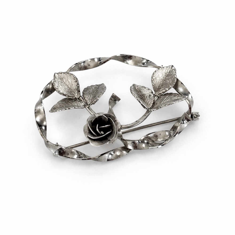 Vintage Silver-Tone Rose Brooch - Floral Leaf Pin